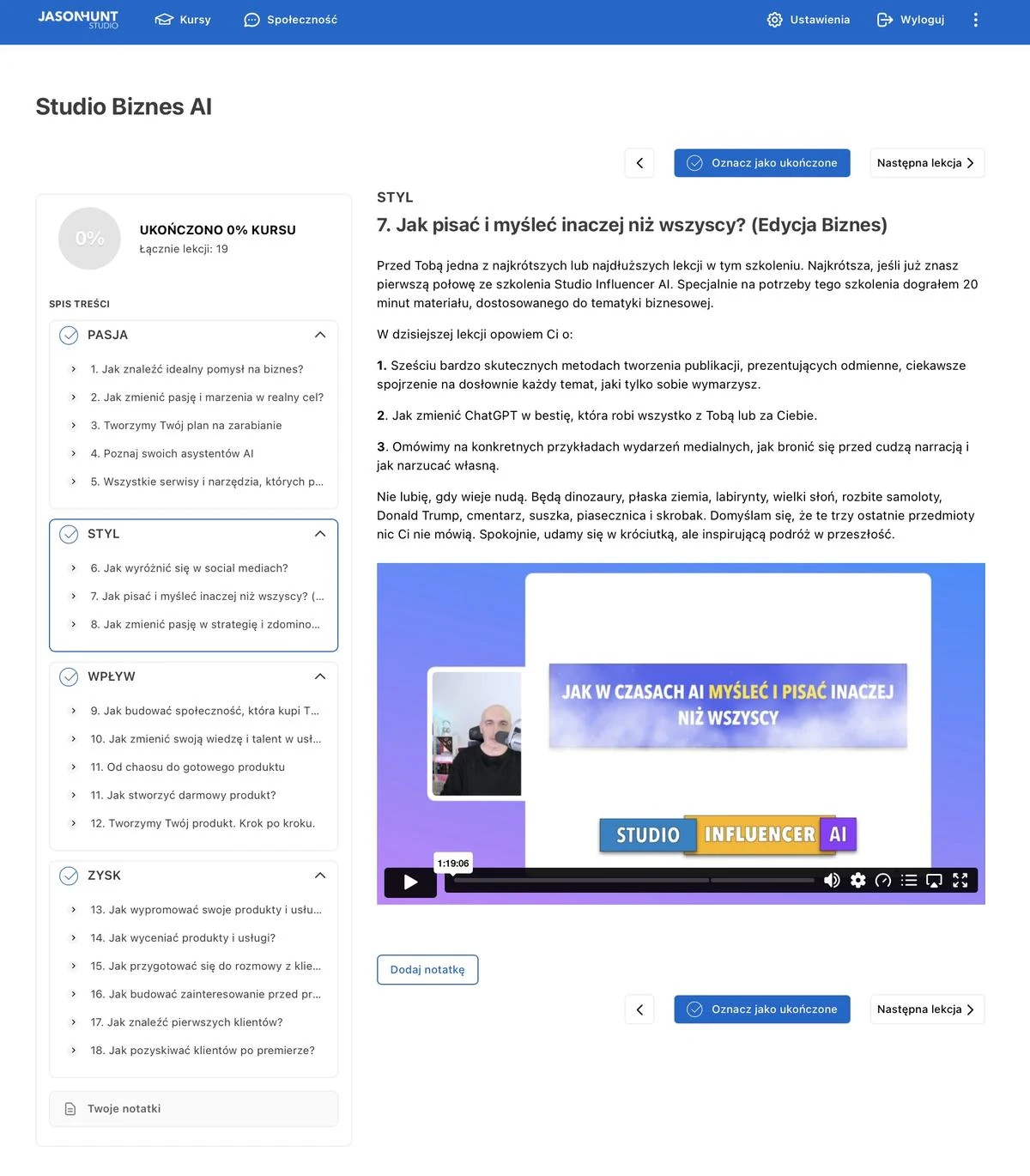 Widok platformy szkoleniowej — kurs Studio Biznes AI